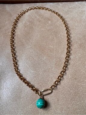 Gold Chain Necklace w Green malachite  Pendant semiprecious stone charm